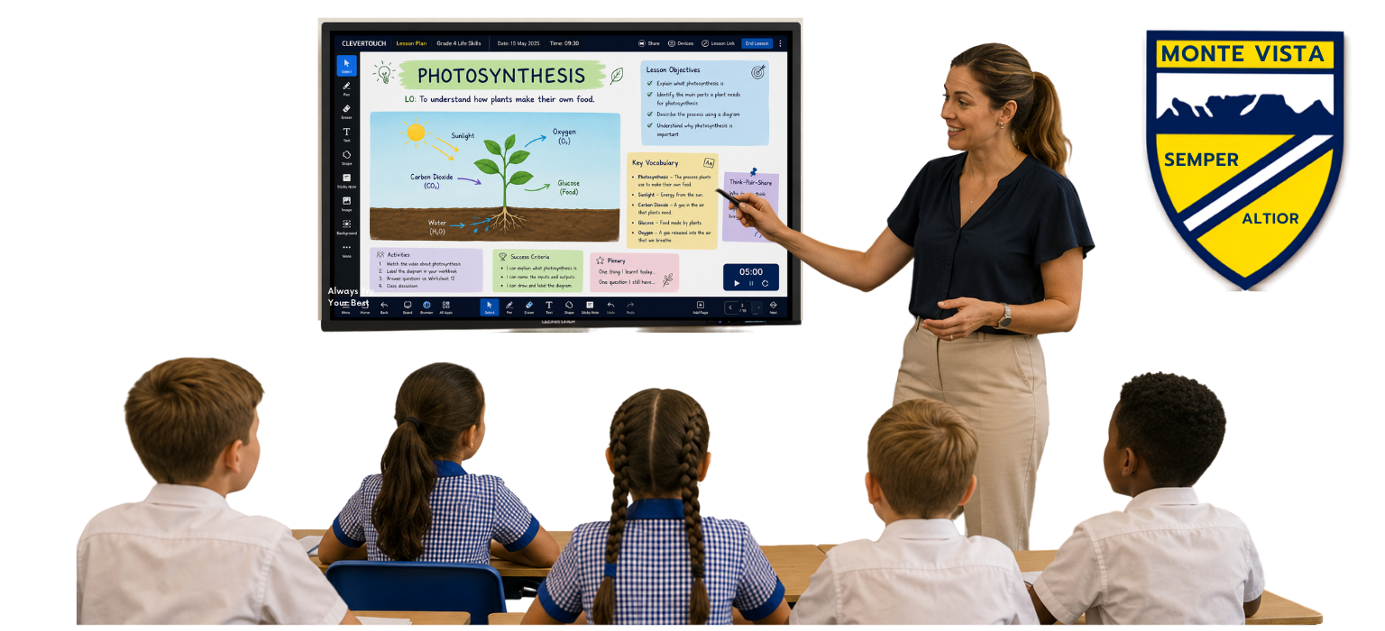 Teacher using interactive classroom technology with Monte Vista learners